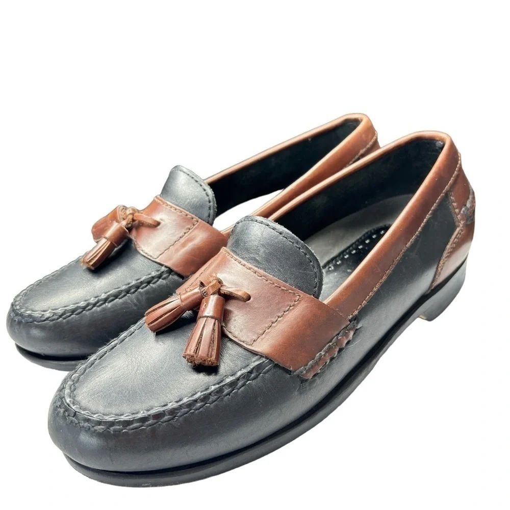 Johnston & Murphy Tassel Loafers Shoe Size 8.5 Black Brown Leather Moc Toe EUC